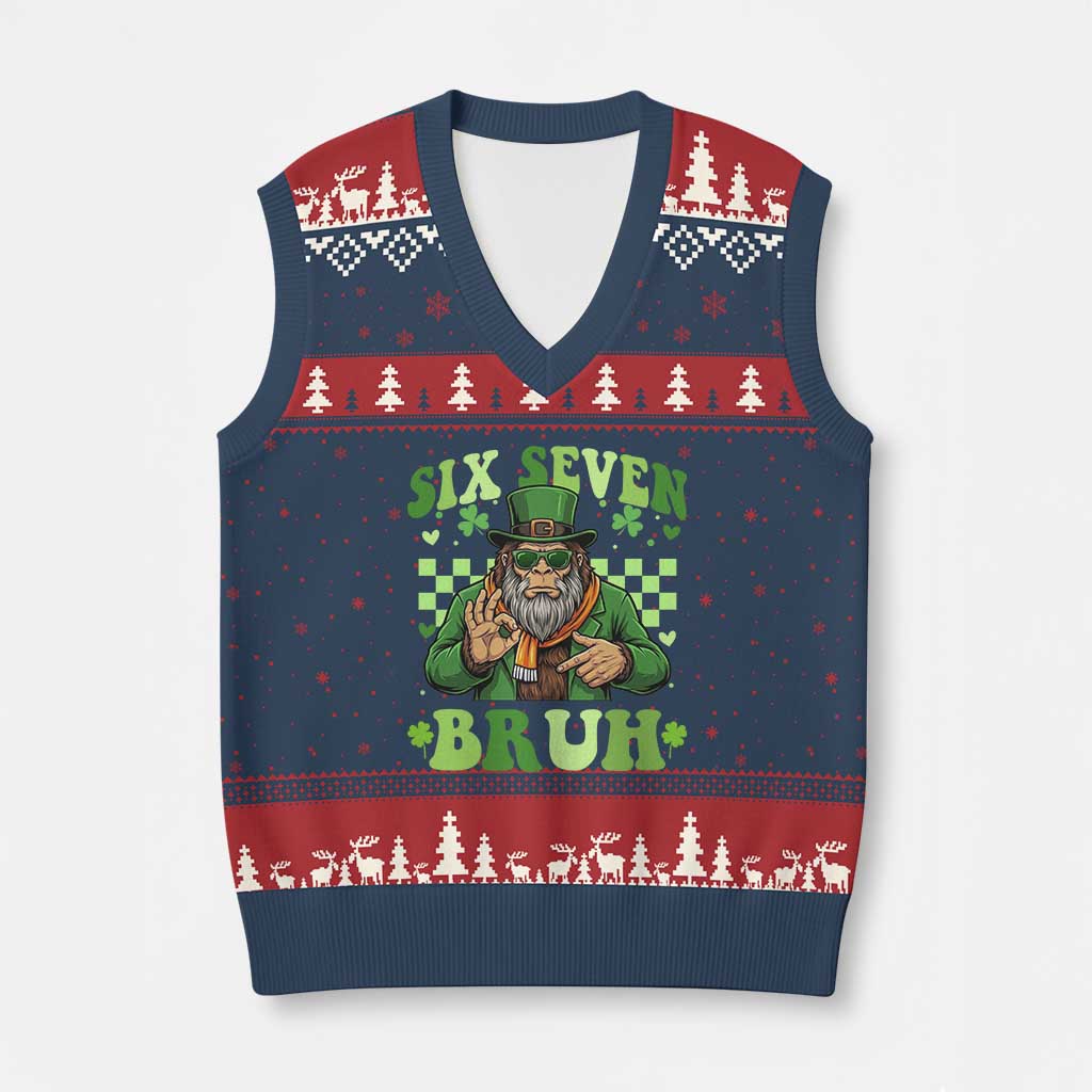 Bigfoot Six Seven Bruh V-Neck Knit Sweater Vest Gen Z Irish Gift TS12 Navy Red Print Your Wear
