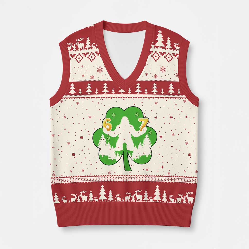 St Patricks Day Bigfoot Shamrock V-Neck Knit Sweater Vest Six Seven Meme TS12 Beige Red Print Your Wear