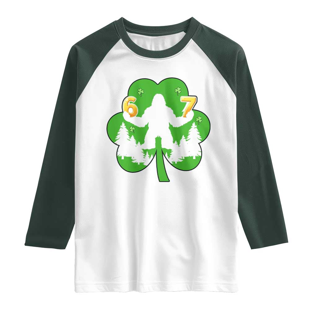 St Patricks Day Bigfoot Shamrock Raglan Shirt Six Seven Meme TS12 White Dark Forest Green Print Your Wear