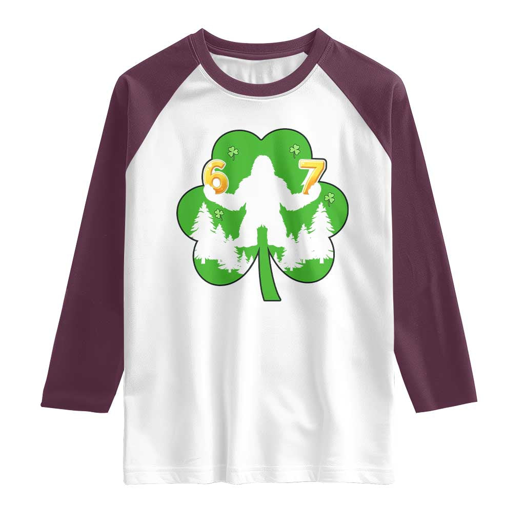 St Patricks Day Bigfoot Shamrock Raglan Shirt Six Seven Meme TS12 White Maroon Print Your Wear