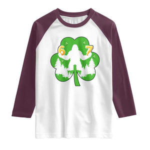 St Patricks Day Bigfoot Shamrock Raglan Shirt Six Seven Meme TS12 White Maroon Print Your Wear