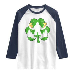 St Patricks Day Bigfoot Shamrock Raglan Shirt Six Seven Meme TS12 White Navy Print Your Wear