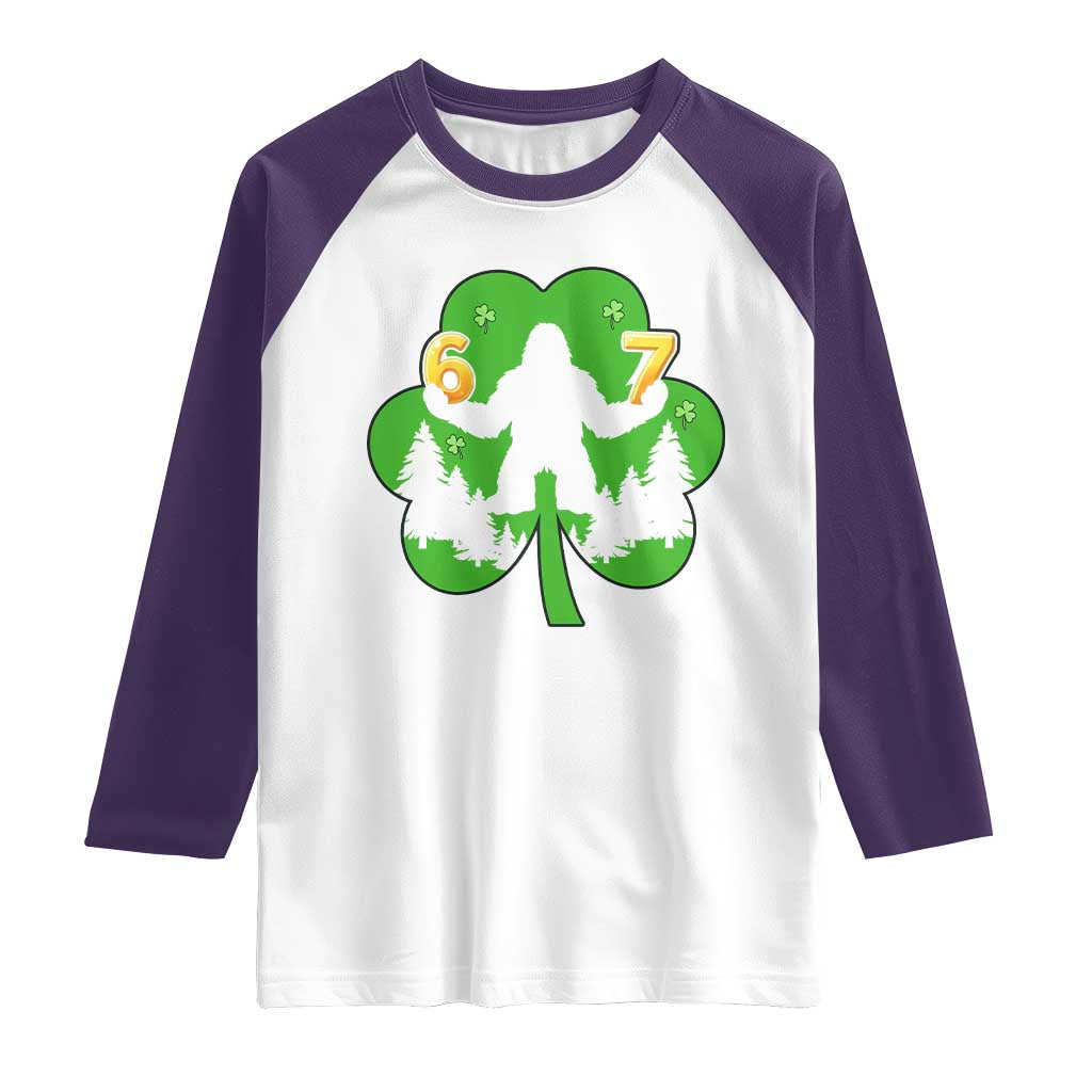 St Patricks Day Bigfoot Shamrock Raglan Shirt Six Seven Meme TS12 White Purple Print Your Wear