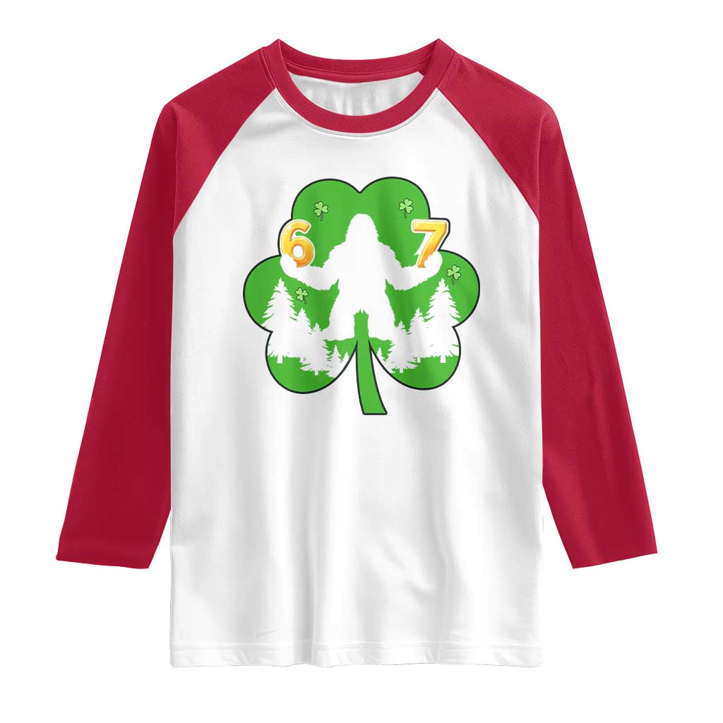 St Patricks Day Bigfoot Shamrock Raglan Shirt Six Seven Meme TS12 White Red Print Your Wear