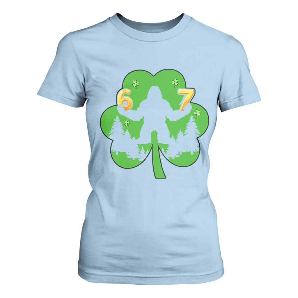 St Patricks Day Bigfoot Shamrock T Shirt For Women Six Seven Meme TS12 Light Blue Print Your Wear