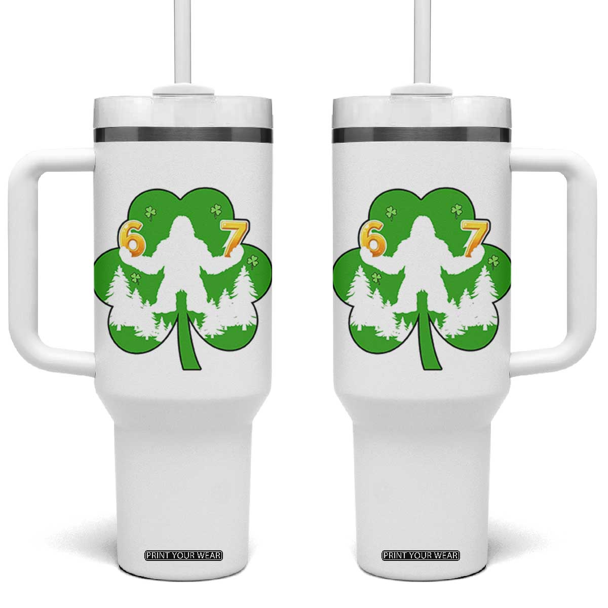 St Patricks Day Bigfoot Shamrock Tumbler With Handle Six Seven Meme TS12 One Size: 40 oz White Print Your Wear