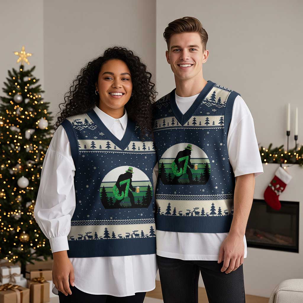 Funny St Patricks Bigfoot Says Six Seven V-Neck Knit Sweater Vest Gen Z Irish Gift TS12 Navy Beige Print Your Wear