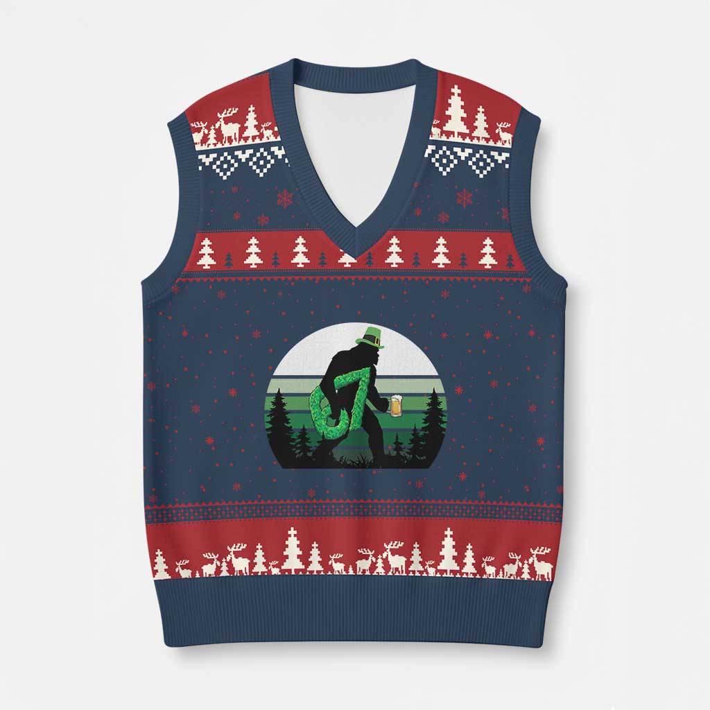 Funny St Patricks Bigfoot Says Six Seven V-Neck Knit Sweater Vest Gen Z Irish Gift TS12 Navy Red Print Your Wear