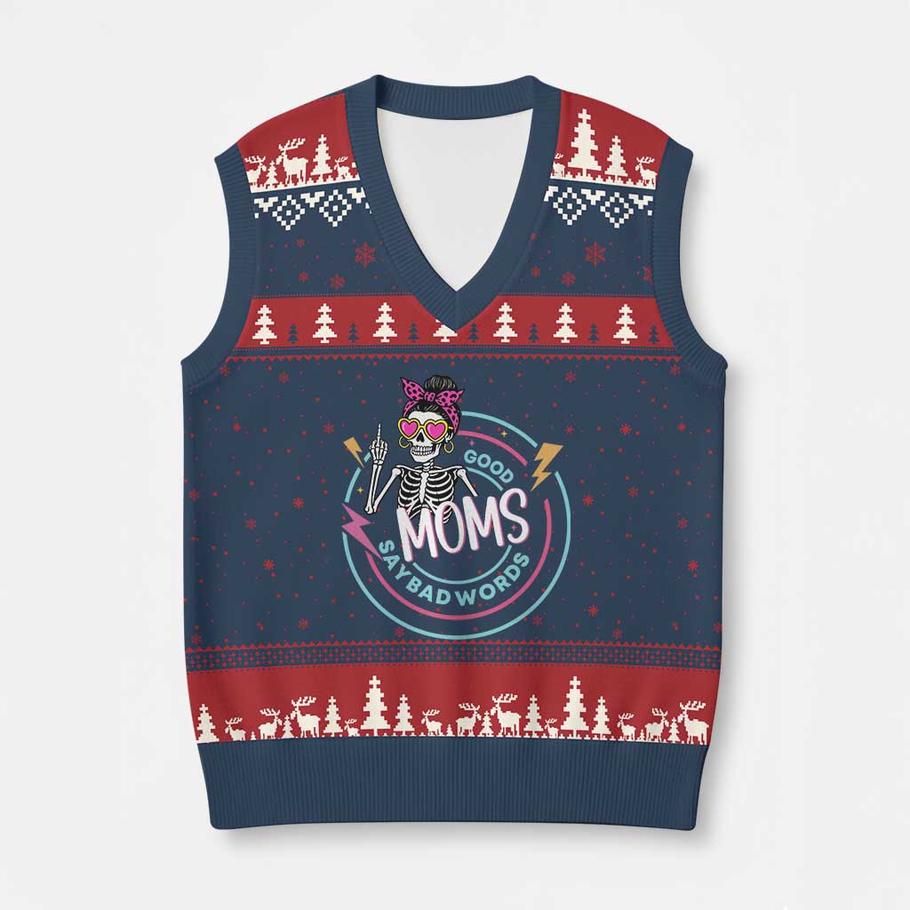 Funny Skeleton Mom Graphic V-Neck Knit Sweater Vest Good Moms Say Bad Words TS12 Navy Red Print Your Wear