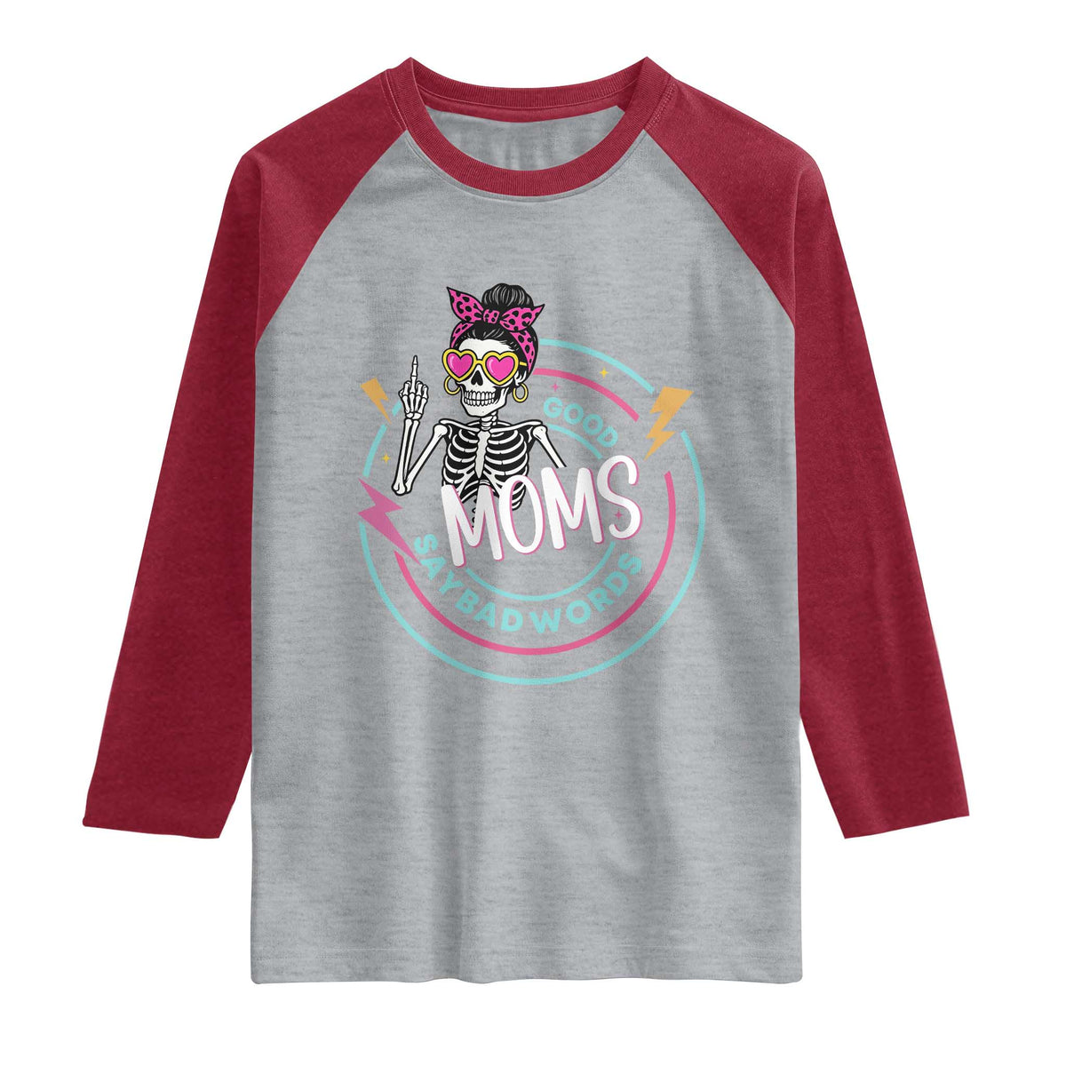 Funny Skeleton Mom Graphic Raglan Shirt Good Moms Say Bad Words TS12 Heather Gray Heather Red Print Your Wear