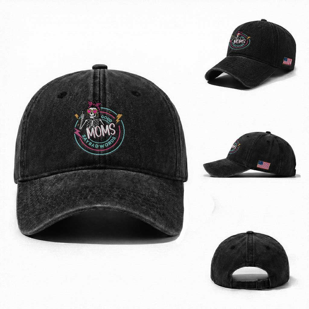 Funny Skeleton Mom Graphic Washed Cotton Baseball Cap Good Moms Say Bad Words TS12 Washed Cap Universal Fit Black Print Your Wear