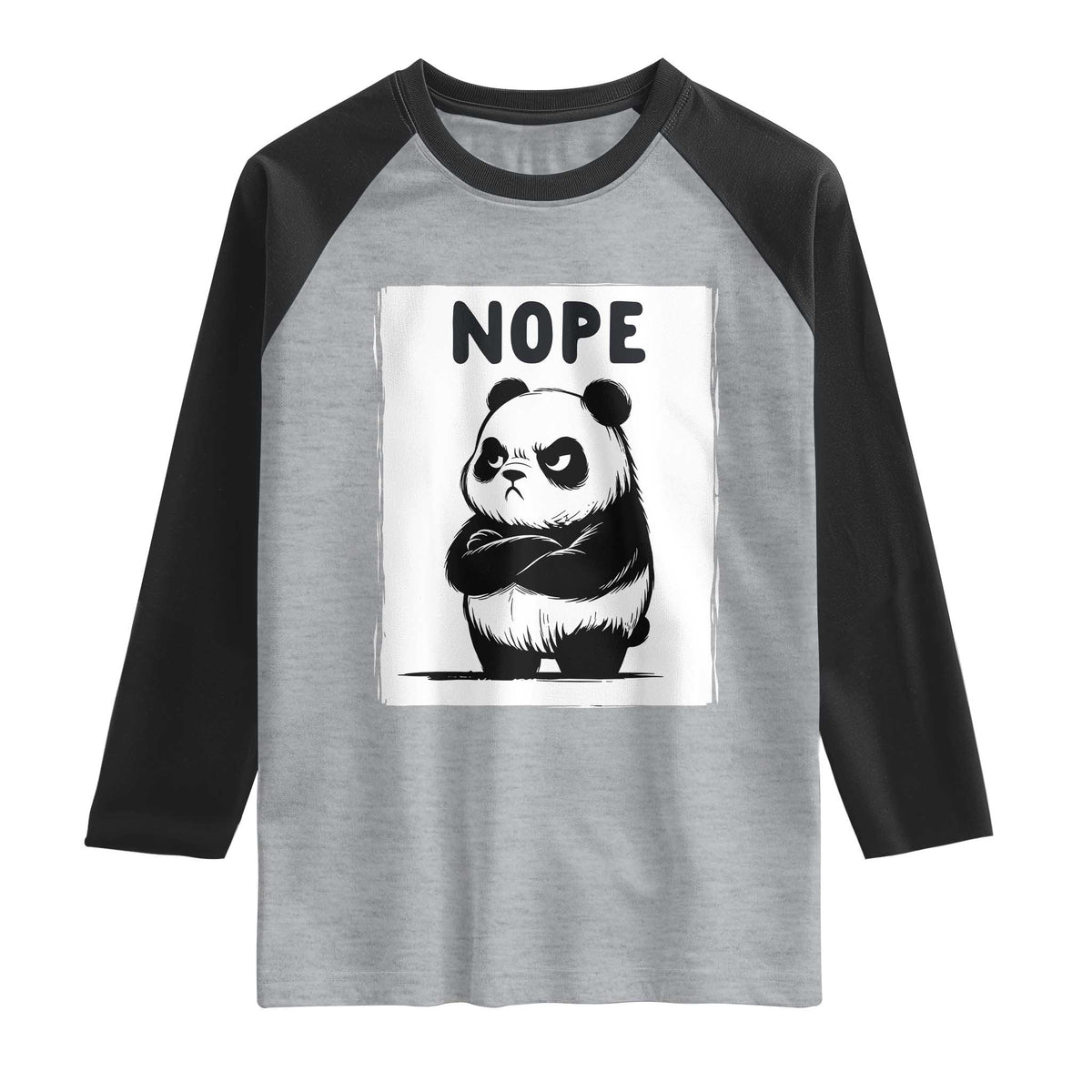Grumpy Panda Says Nope Raglan Shirt Japanese Aesthetic Panda Bear Graphic TS12 Heather Gray Black Print Your Wear