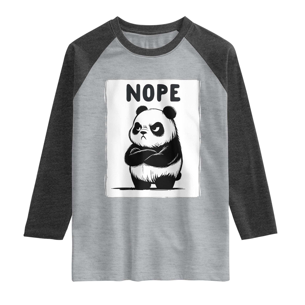 Grumpy Panda Says Nope Raglan Shirt Japanese Aesthetic Panda Bear Graphic TS12 Heather Gray Heather Charcoal Print Your Wear