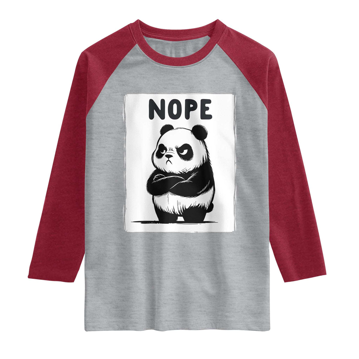 Grumpy Panda Says Nope Raglan Shirt Japanese Aesthetic Panda Bear Graphic TS12 Heather Gray Heather Red Print Your Wear