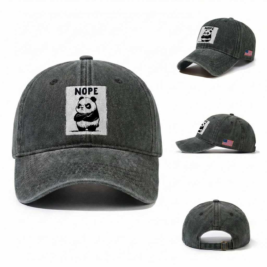 Grumpy Panda Says Nope Washed Cotton Baseball Cap Japanese Aesthetic Panda Bear Graphic TS12 Washed Cap Universal Fit Dark Green Print Your Wear