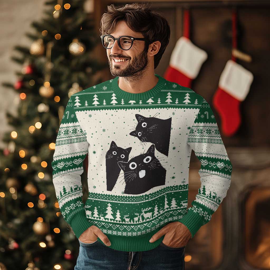 Funny Japanese Black Cat Is Watching You Ugly Christmas Sweater Cat Lover TS12 Beige Green Print Your Wear
