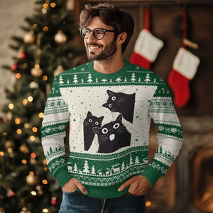 Funny Japanese Black Cat Is Watching You Ugly Christmas Sweater Cat Lover TS12 Beige Green Print Your Wear