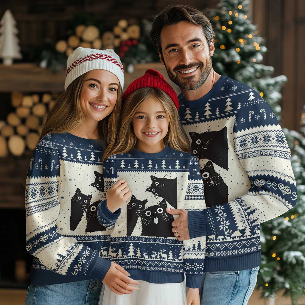 Funny Japanese Black Cat Is Watching You Ugly Christmas Sweater Cat Lover TS12 Beige Navy Print Your Wear