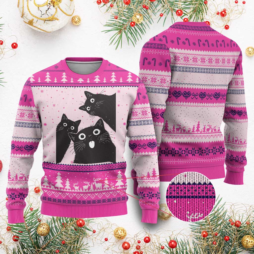 Funny Japanese Black Cat Is Watching You Ugly Christmas Sweater Cat Lover TS12 Hot Pink Print Your Wear
