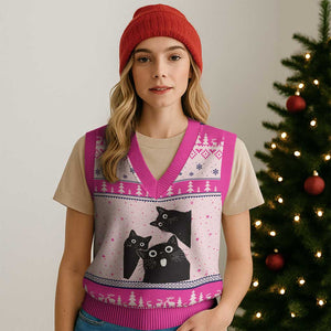 Funny Japanese Black Cat Is Watching You V-Neck Knit Sweater Vest Cat Lover TS12 Hot Pink Print Your Wear