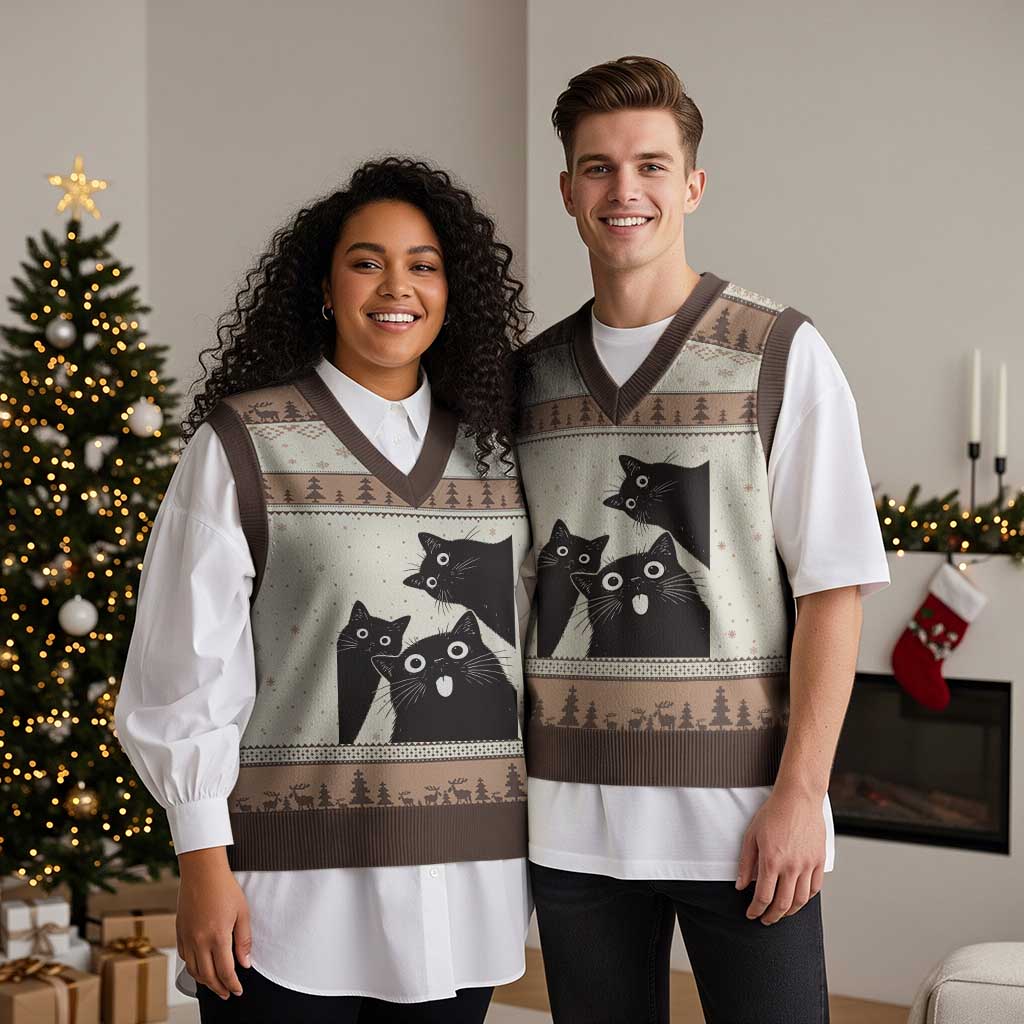 Funny Japanese Black Cat Is Watching You V-Neck Knit Sweater Vest Cat Lover TS12 Mocha Mousse Print Your Wear