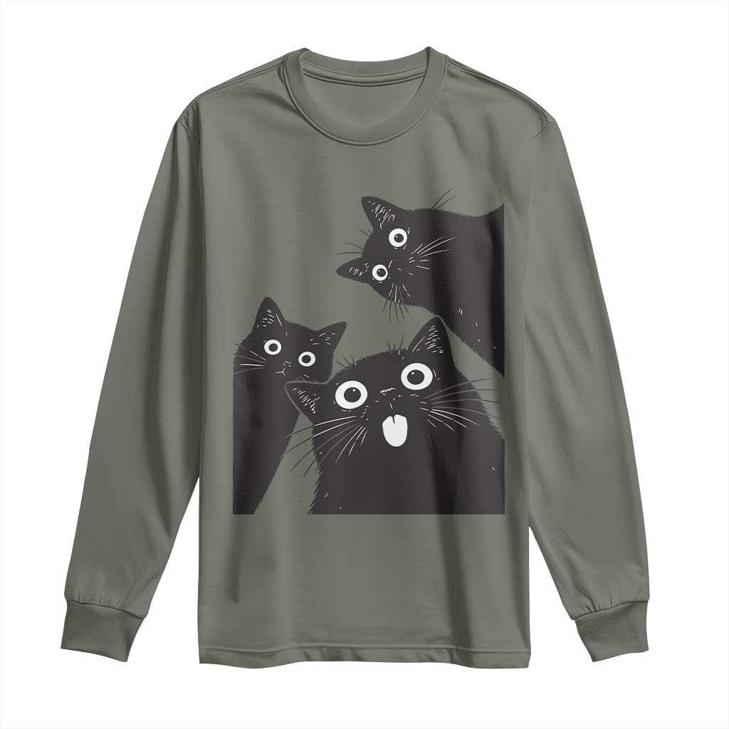 Funny Japanese Black Cat Is Watching You Long Sleeve Shirt Cat Lover TS12 Military Green Print Your Wear