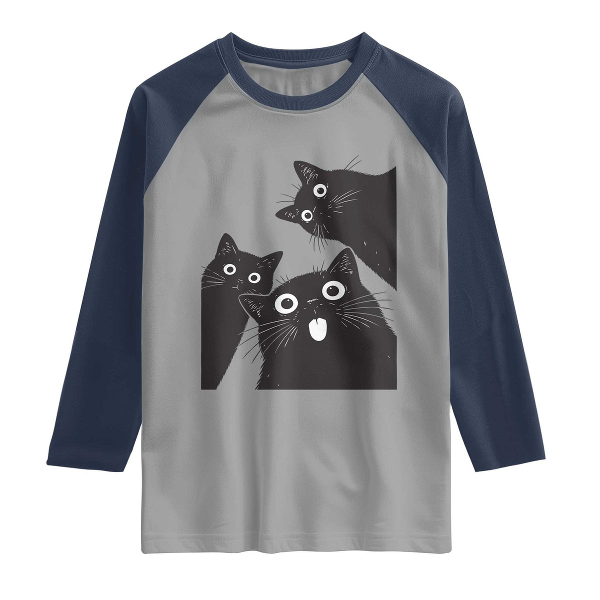 Funny Japanese Black Cat Is Watching You Raglan Shirt Cat Lover TS12 Sport Gray Navy Print Your Wear
