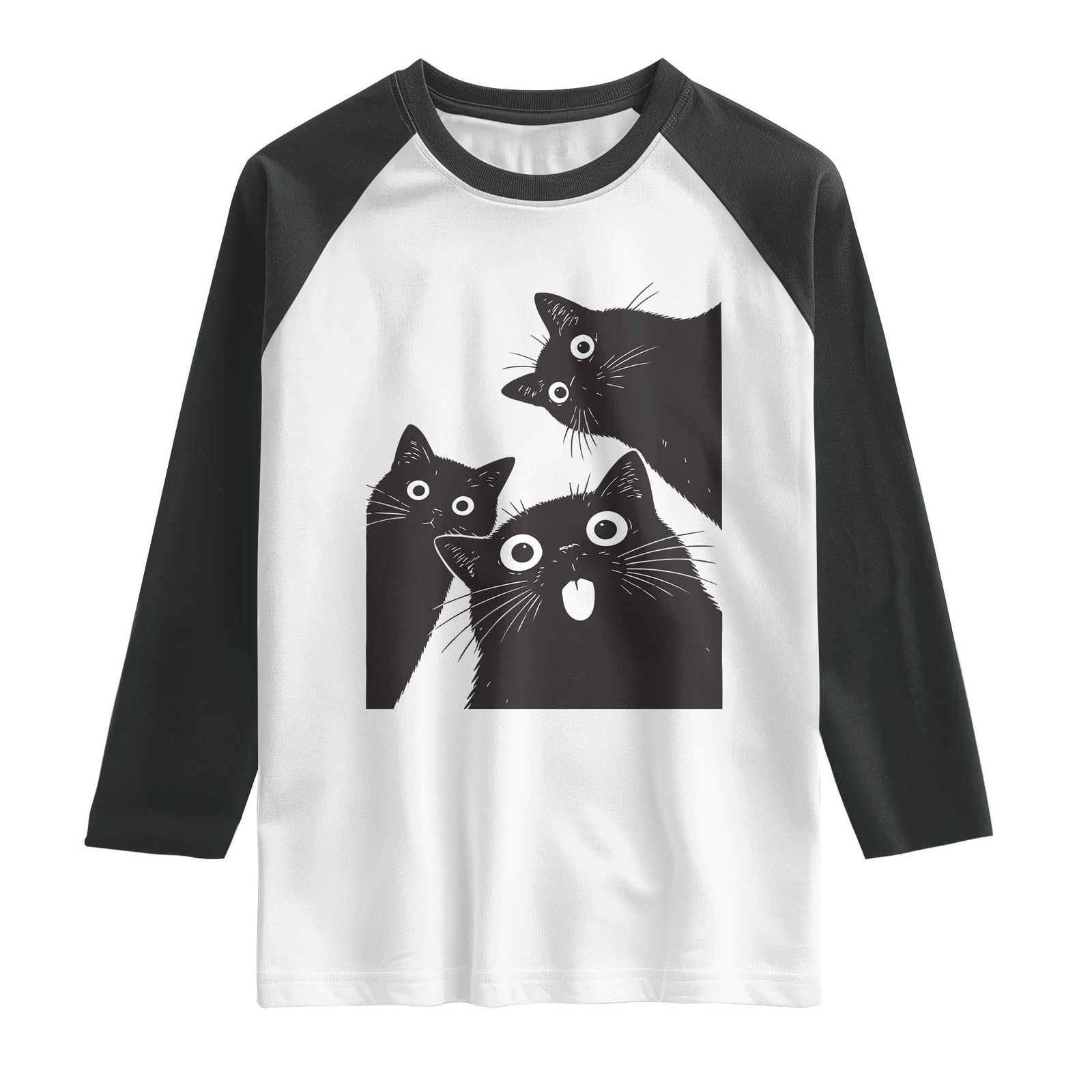 Funny Japanese Black Cat Is Watching You Raglan Shirt Cat Lover TS12 White Black Print Your Wear