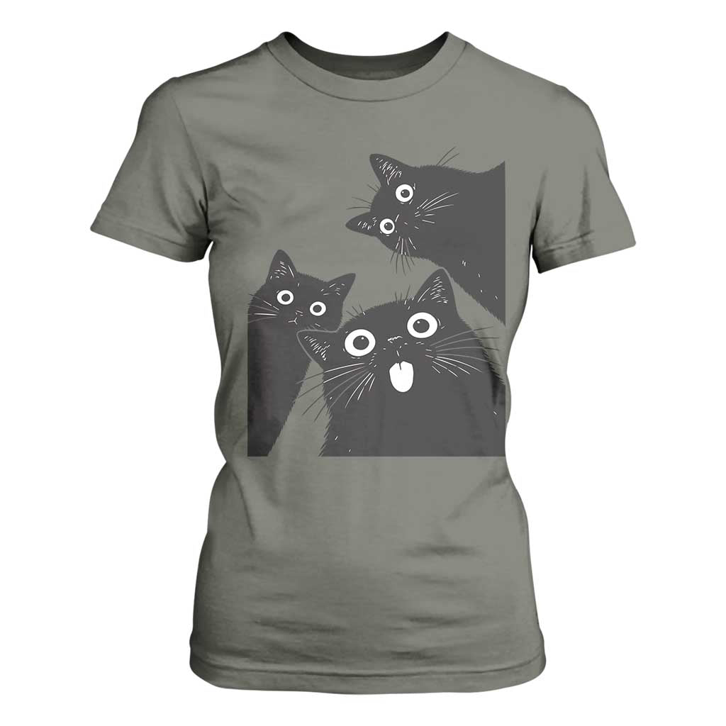 Funny Japanese Black Cat Is Watching You T Shirt For Women Cat Lover TS12 Military Green Print Your Wear