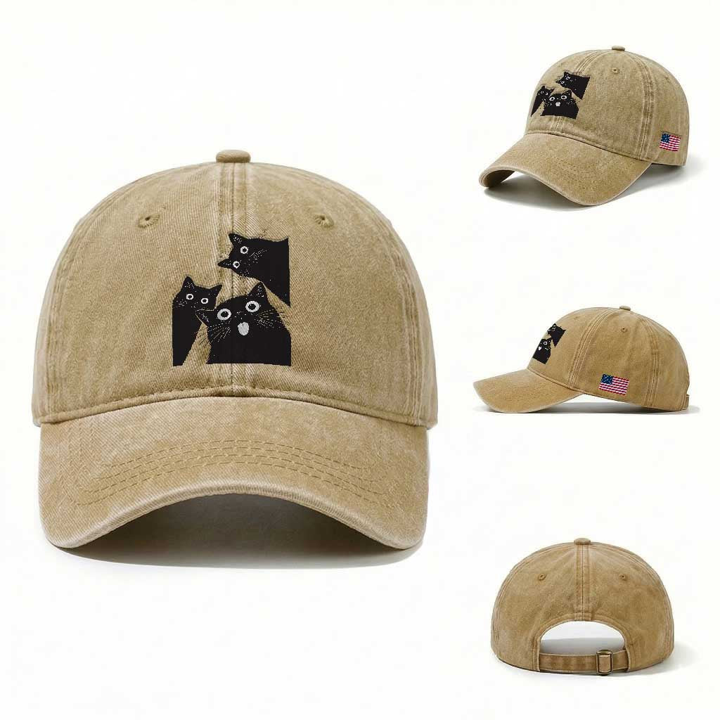 Funny Japanese Black Cat Is Watching You Washed Cotton Baseball Cap Cat Lover TS12 Washed Cap Universal Fit Khaki Print Your Wear
