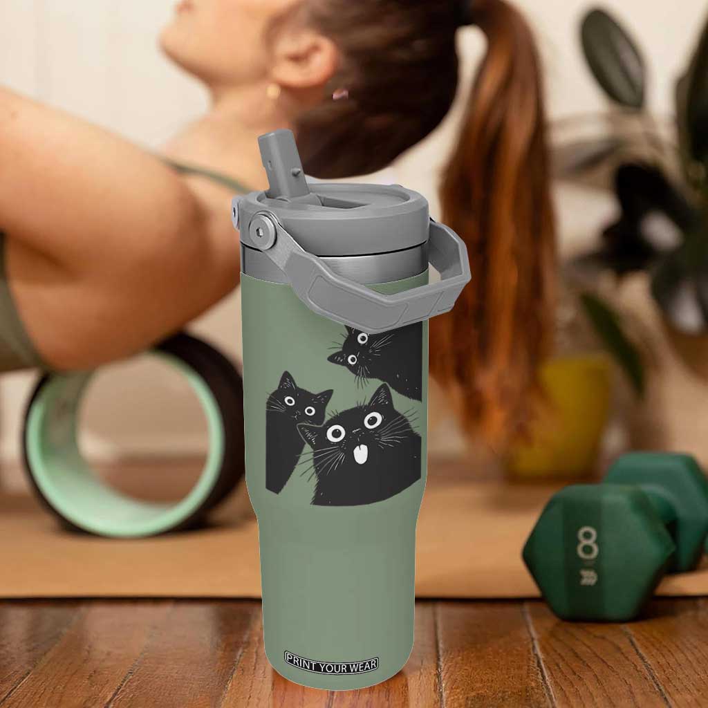 Funny Japanese Black Cat Is Watching You Flip Straw Tumbler Cat Lover TS12 One Size: 30 oz Moss Green Print Your Wear