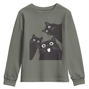 Funny Japanese Black Cat Is Watching You Youth Sweatshirt Cat Lover TS12 Military Green Print Your Wear