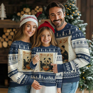 Funny Panda Eating Ramen Scrolling Phone Ugly Christmas Sweater Japanese Art Aesthetic TS12 Beige Navy Print Your Wear
