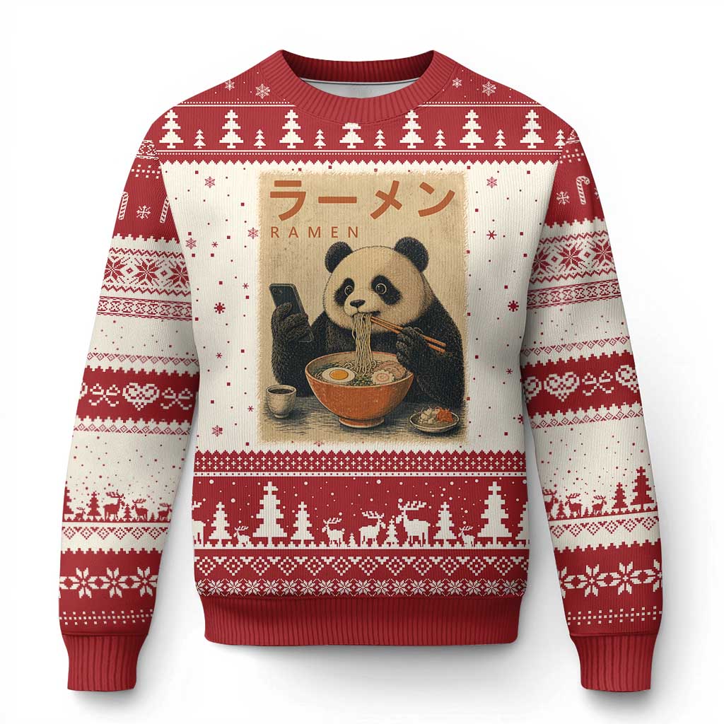 Funny Panda Eating Ramen Scrolling Phone Ugly Christmas Sweater Japanese Art Aesthetic TS12 Beige Red Print Your Wear
