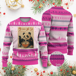 Funny Panda Eating Ramen Scrolling Phone Ugly Christmas Sweater Japanese Art Aesthetic TS12 Hot Pink Print Your Wear