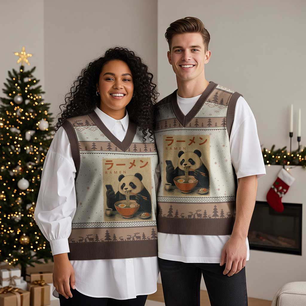 Funny Panda Eating Ramen Scrolling Phone V-Neck Knit Sweater Vest Japanese Art Aesthetic TS12 Mocha Mousse Print Your Wear