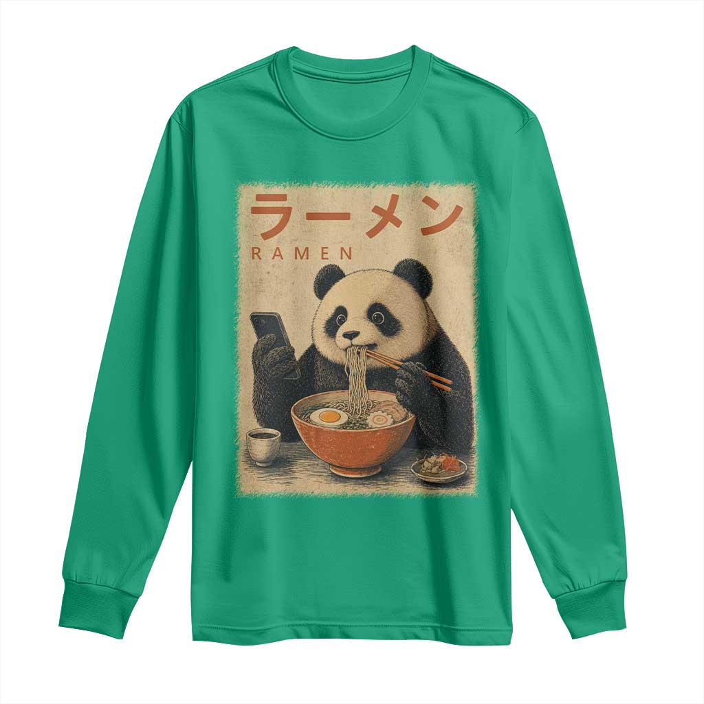 Funny Panda Eating Ramen Scrolling Phone Long Sleeve Shirt Japanese Art Aesthetic TS12 Irish Green Print Your Wear