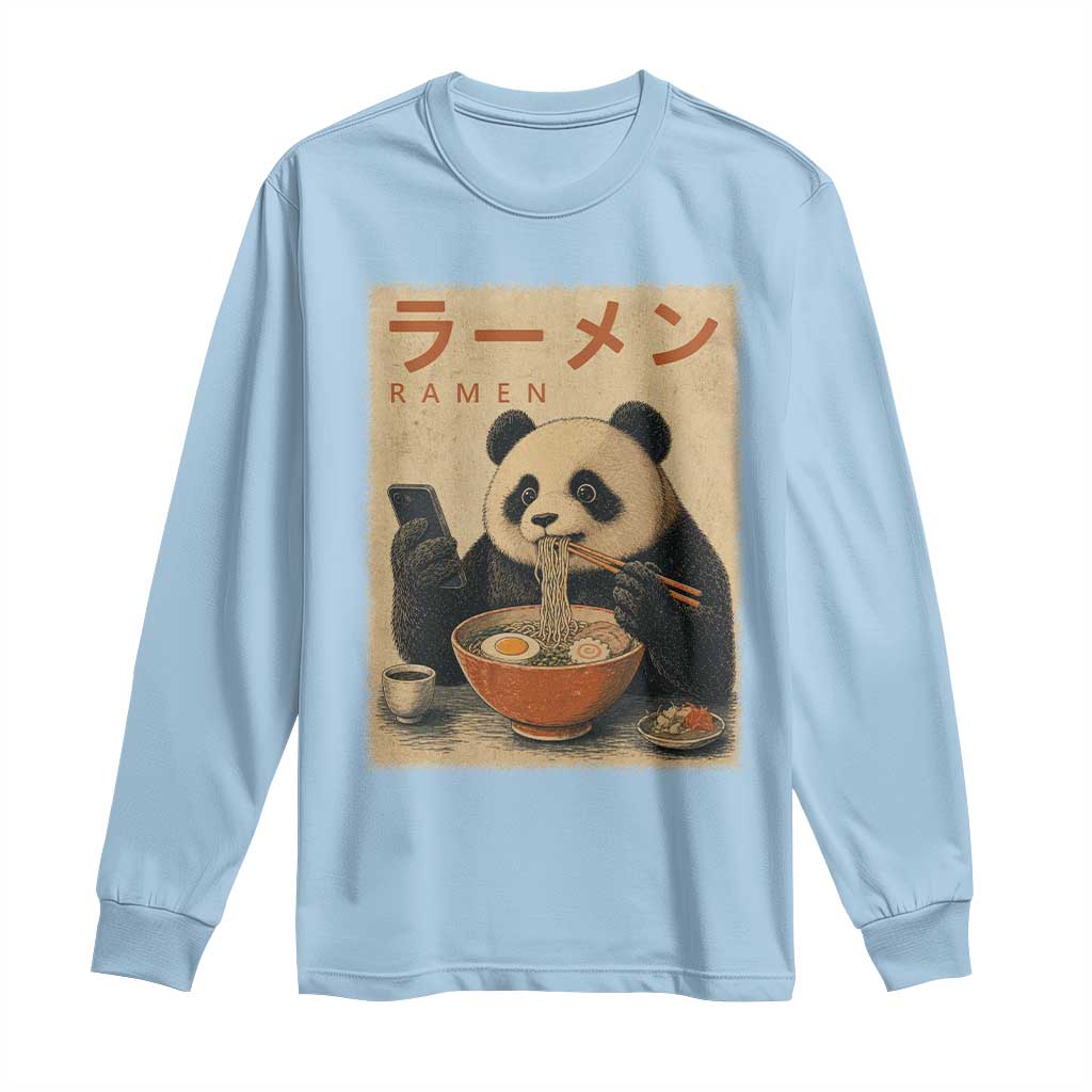 Funny Panda Eating Ramen Scrolling Phone Long Sleeve Shirt Japanese Art Aesthetic TS12 Light Blue Print Your Wear