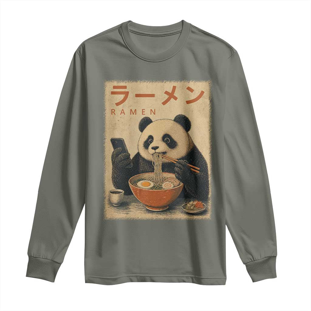 Funny Panda Eating Ramen Scrolling Phone Long Sleeve Shirt Japanese Art Aesthetic TS12 Military Green Print Your Wear