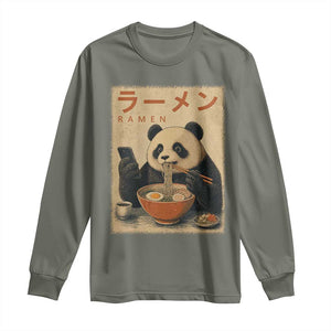 Funny Panda Eating Ramen Scrolling Phone Long Sleeve Shirt Japanese Art Aesthetic TS12 Military Green Print Your Wear