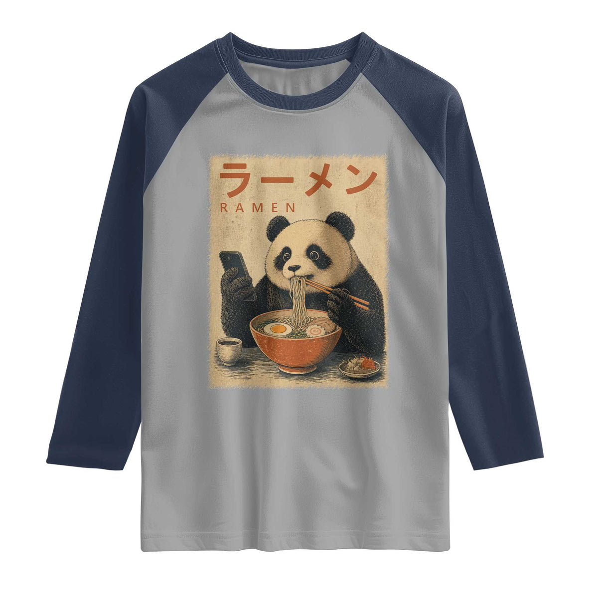 Funny Panda Eating Ramen Scrolling Phone Raglan Shirt Japanese Art Aesthetic TS12 Sport Gray Navy Print Your Wear
