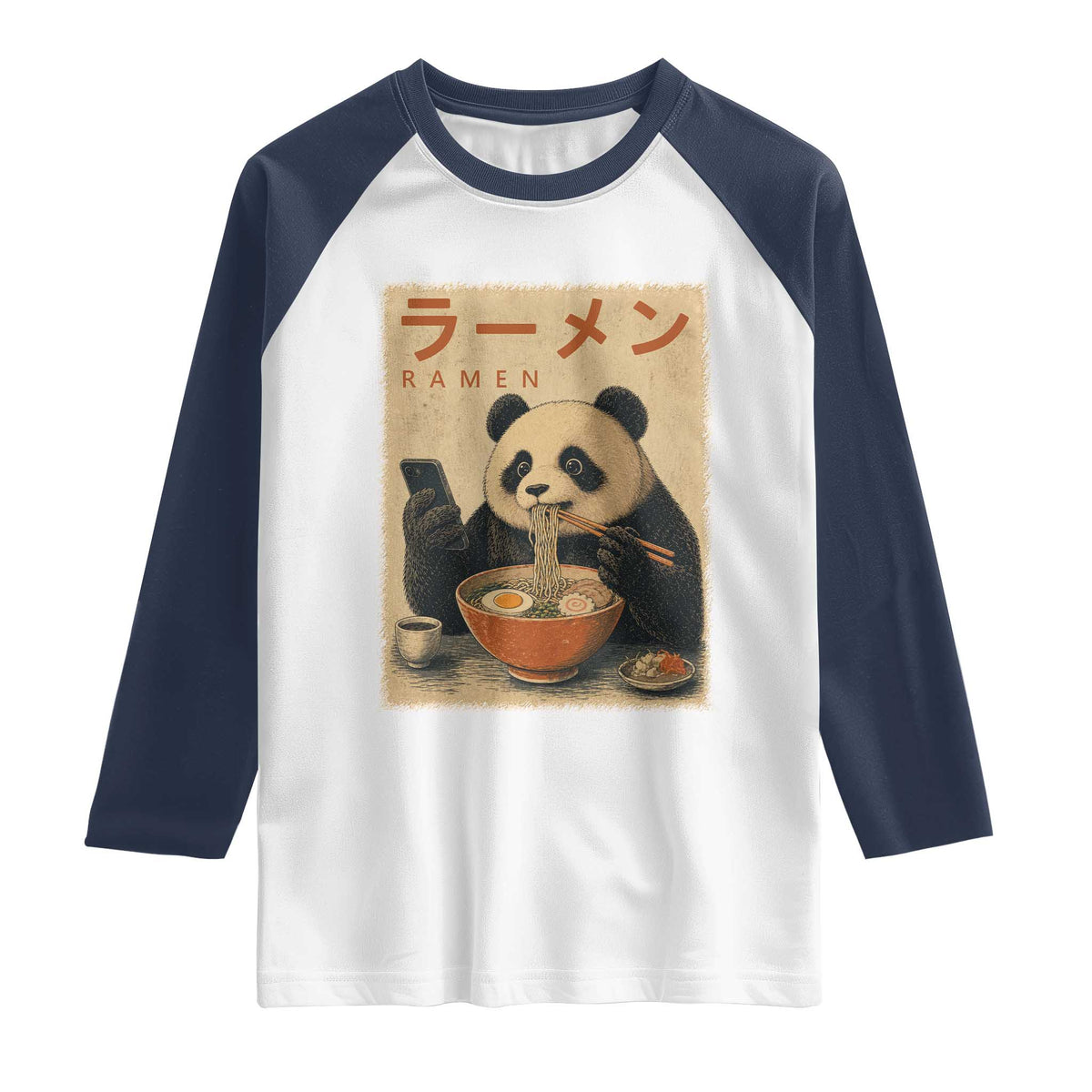 Funny Panda Eating Ramen Scrolling Phone Raglan Shirt Japanese Art Aesthetic TS12 White Navy Print Your Wear