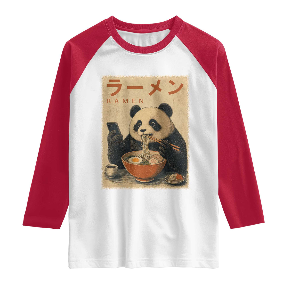 Funny Panda Eating Ramen Scrolling Phone Raglan Shirt Japanese Art Aesthetic TS12 White Red Print Your Wear