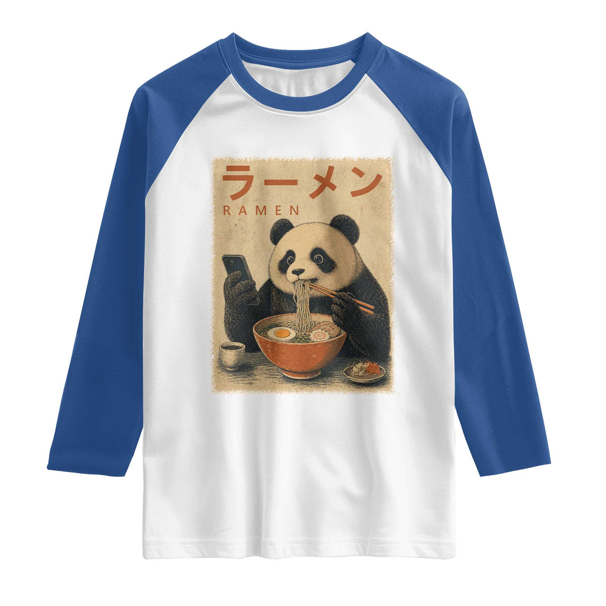 Funny Panda Eating Ramen Scrolling Phone Raglan Shirt Japanese Art Aesthetic TS12 White Royal Print Your Wear