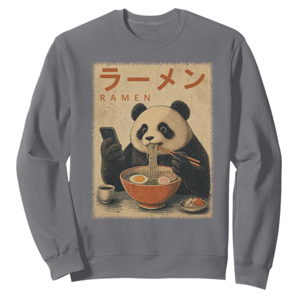 Funny Panda Eating Ramen Scrolling Phone Sweatshirt Japanese Art Aesthetic TS12 Charcoal Print Your Wear