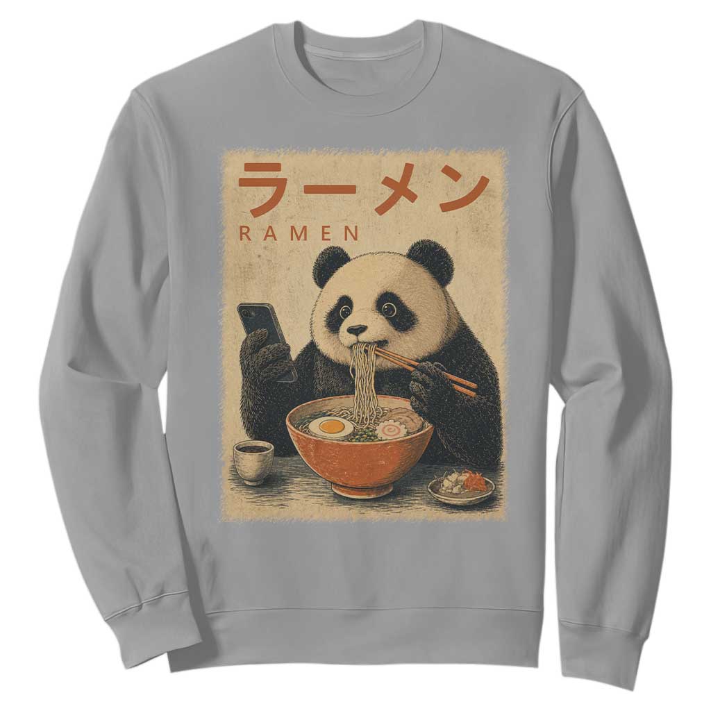 Funny Panda Eating Ramen Scrolling Phone Sweatshirt Japanese Art Aesthetic TS12 Sport Gray Print Your Wear