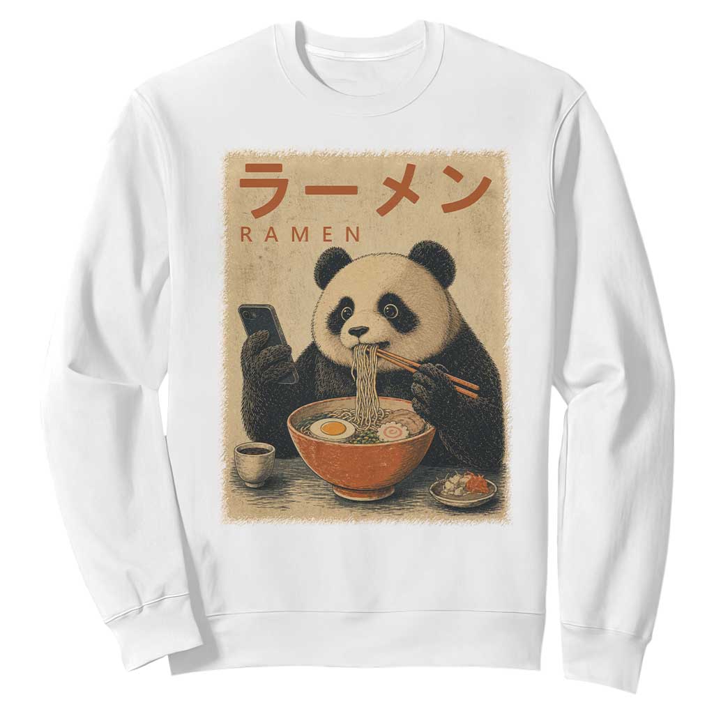 Funny Panda Eating Ramen Scrolling Phone Sweatshirt Japanese Art Aesthetic TS12 White Print Your Wear