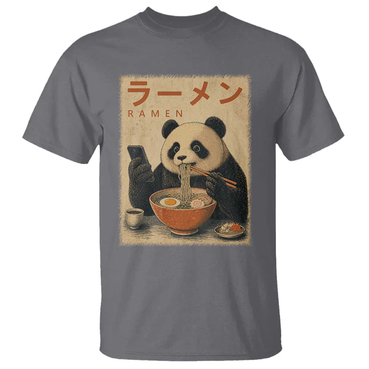 Funny Panda Eating Ramen Scrolling Phone T Shirt Japanese Art Aesthetic TS12 Charcoal Print Your Wear