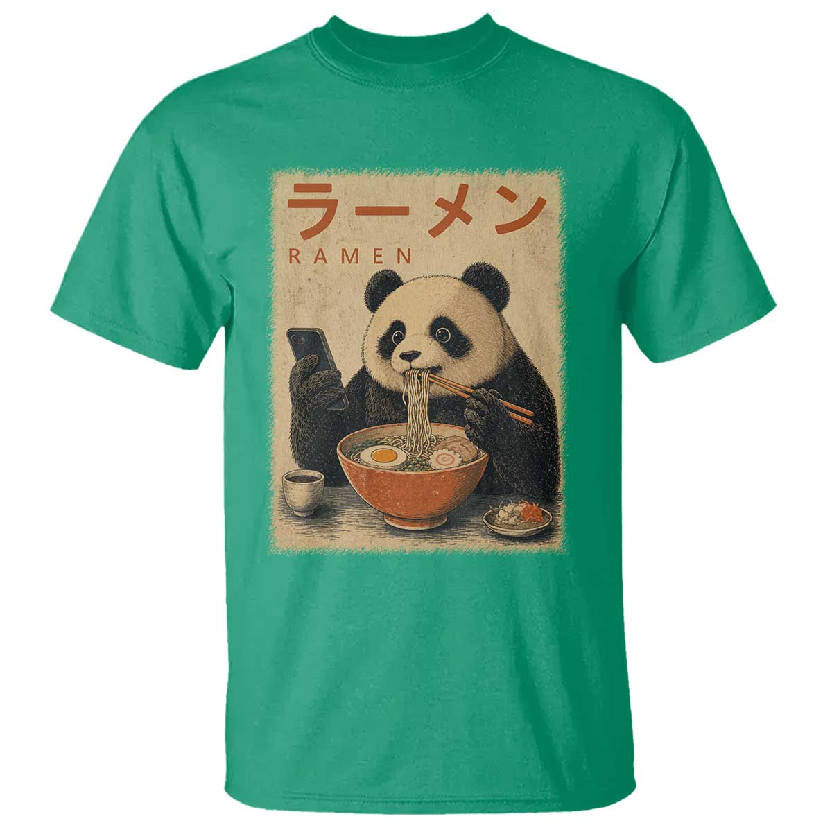 Funny Panda Eating Ramen Scrolling Phone T Shirt Japanese Art Aesthetic TS12 Irish Green Print Your Wear