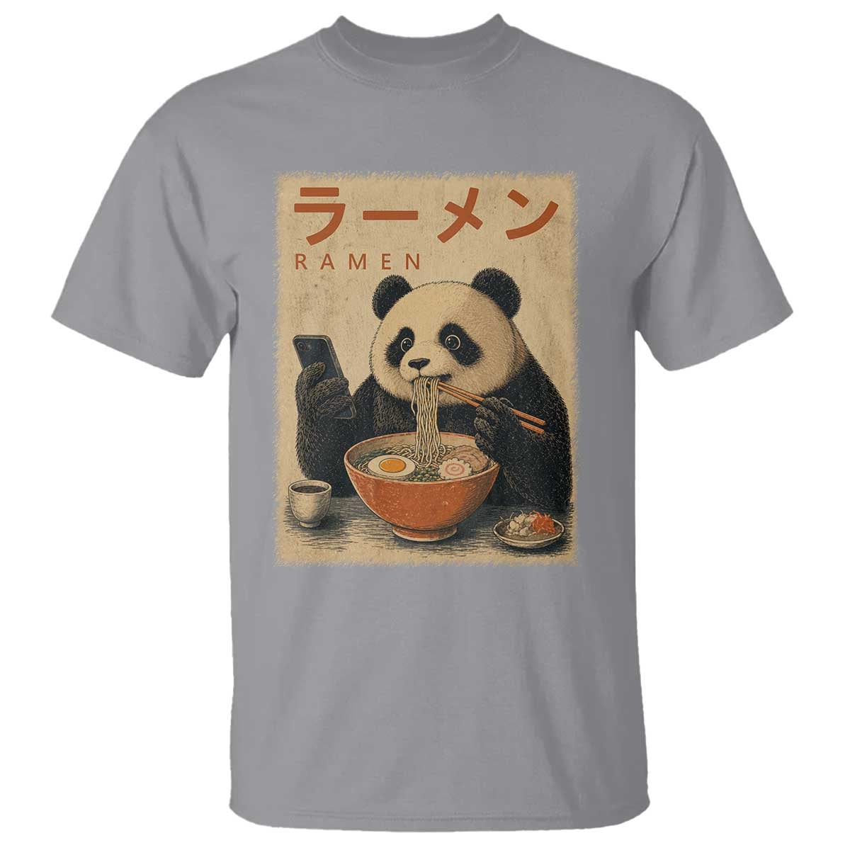 Funny Panda Eating Ramen Scrolling Phone T Shirt Japanese Art Aesthetic TS12 Sport Gray Print Your Wear